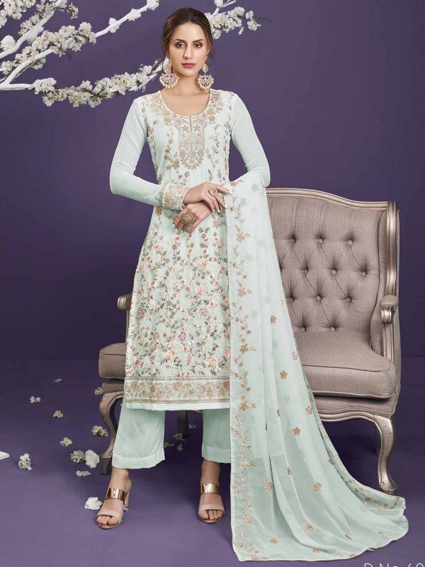 Sky Blue Colour Georgette Fabric Designer Salwar Suit.
