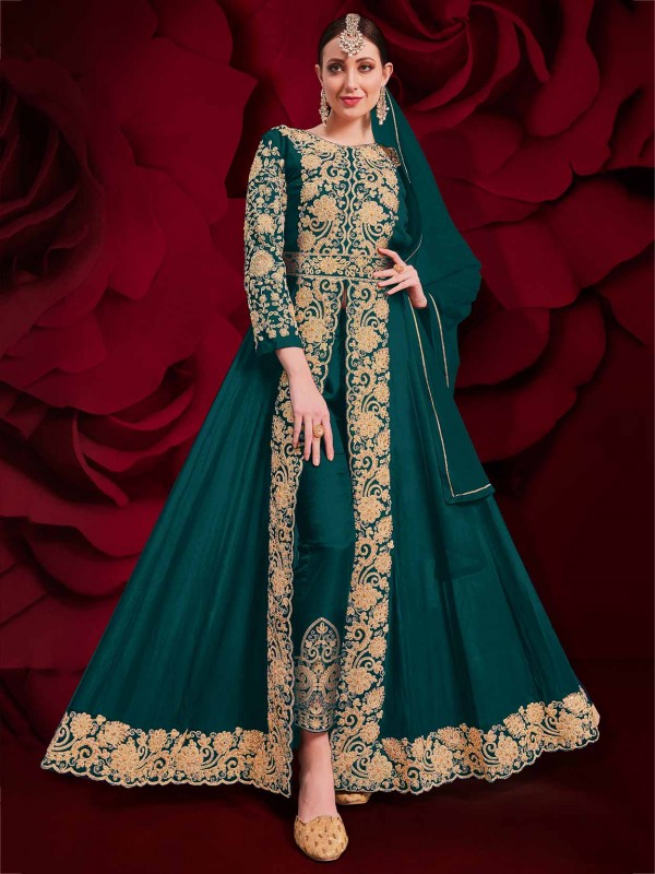 Rama Green Colour Georgette Fabric Achkan Style Salwar Suit.