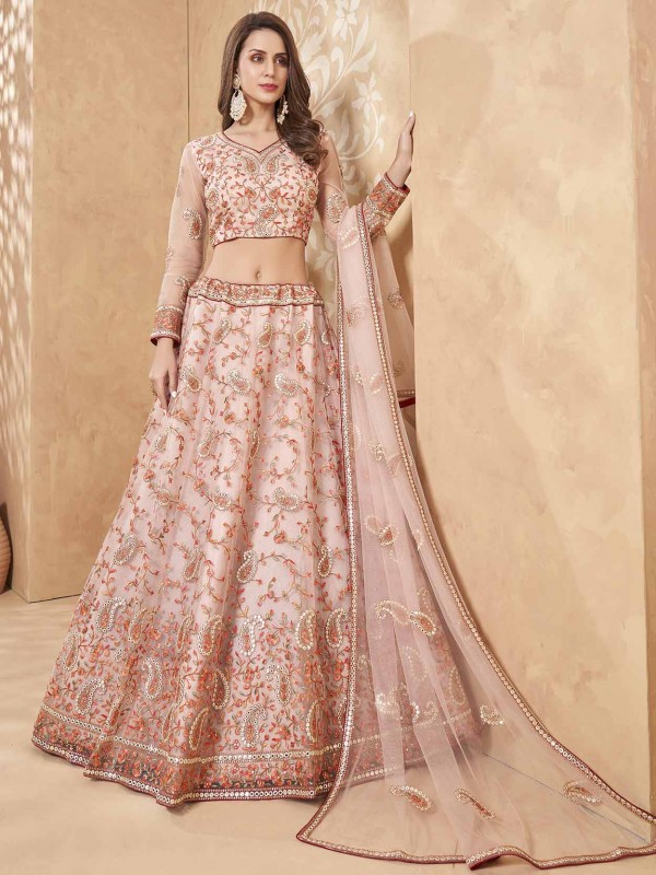 Indian Wedding Lehenga Choli Pink Colour Net Fabric.
