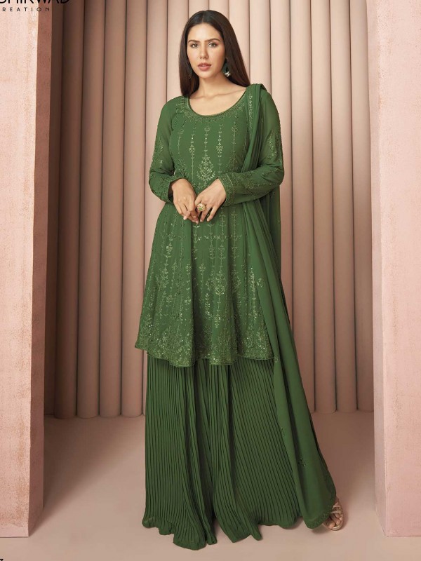 Georgette Fabric Designer Sharara Salwar Kameez Green Colour.