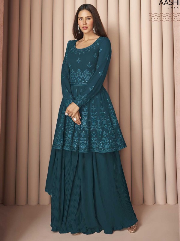 Blue Colour Georgette Fabric Sharara Salwar Suit in Thread,Sequin Work