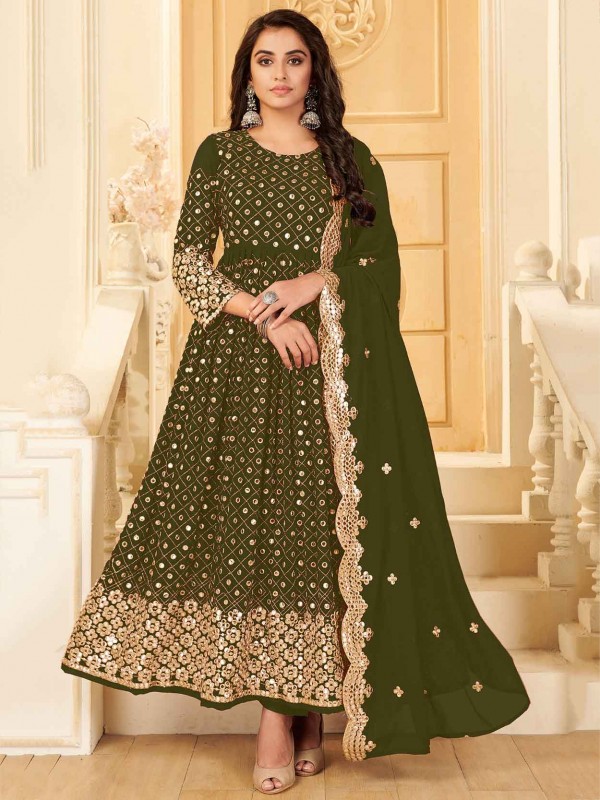 Georgette Fabric Anarkali Salwar Suit Green Colour.