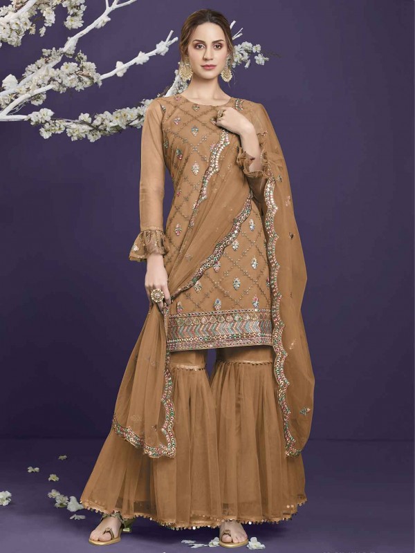 Brown Colour Net Fabric Staright Cut Pakistani Gharara Suit.