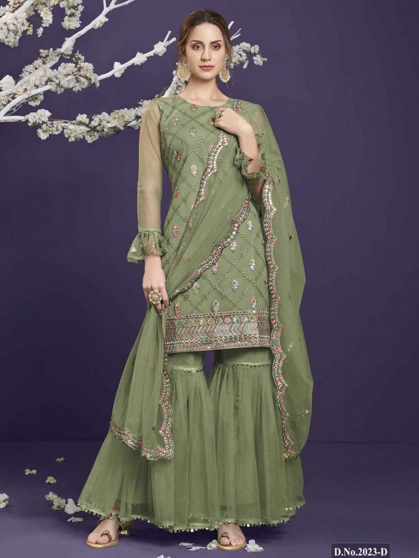 Green Colour Net Fabric Pkistani Gharara Suit.