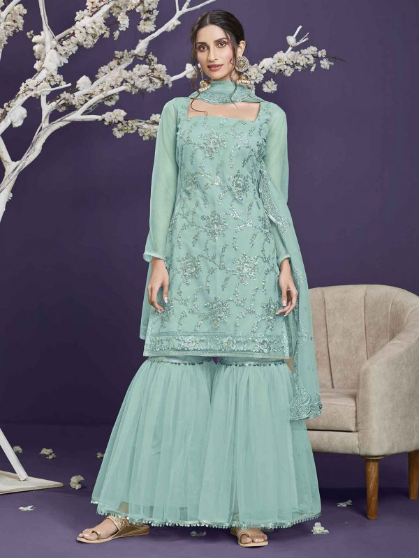 Turquoise Colour Net Fabric Pakistani Gharara Suit.