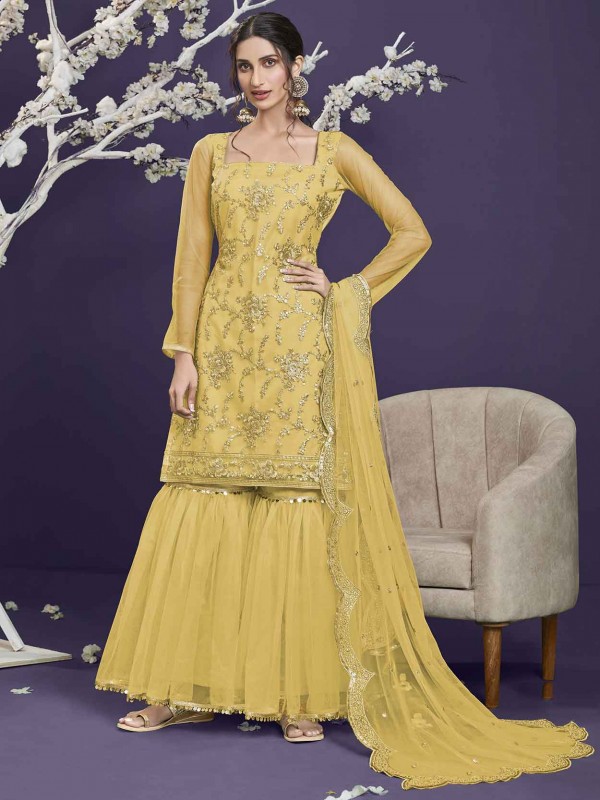 Yellow Colour Butter Fly Net Fabric Salwar Suit.