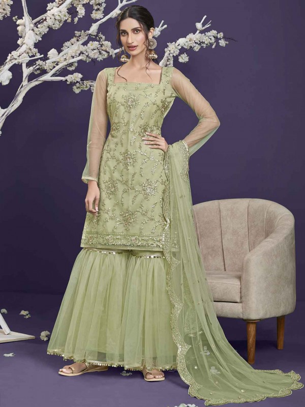 Pista Green Colour Net Fabric Pakistani Salwar Suit.
