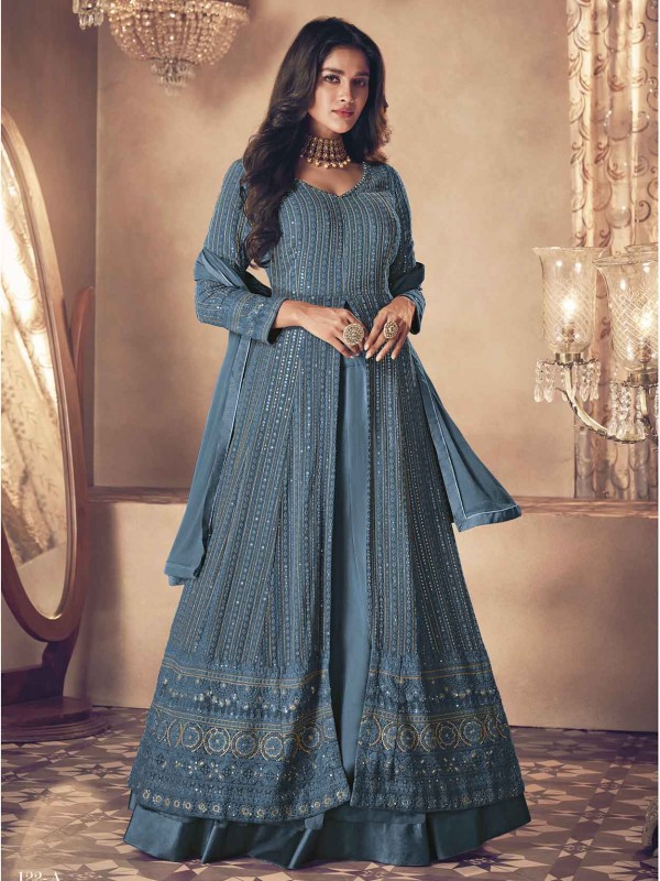 Teal Blue Colour Georgette Fabric Designer Salwar Kameez.
