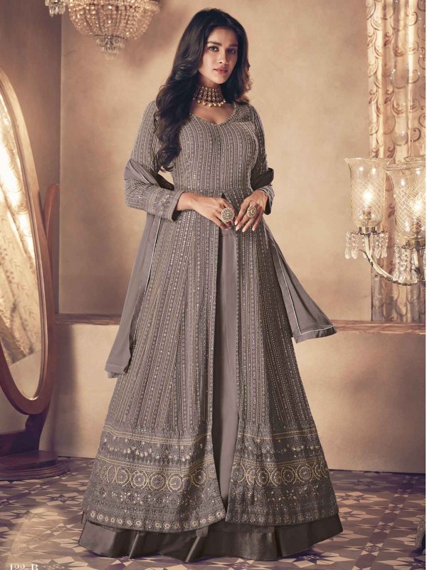 Grey Colour Georgette Fabric Women Salwar Suit.