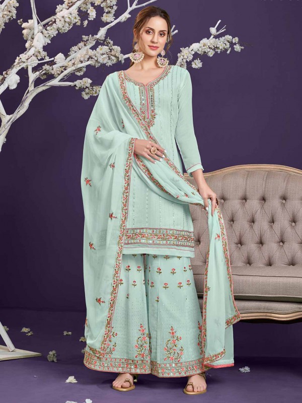 Sky Blue Colour Georgette,Shantoon Fabric Gharara Salwar Suit.