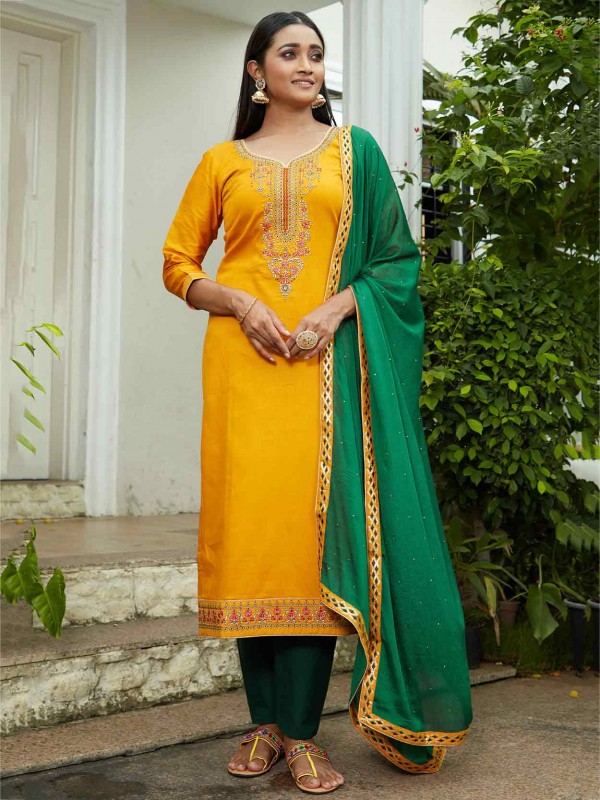Yellow Colour Silk Fabric Designer Salwar Suit.