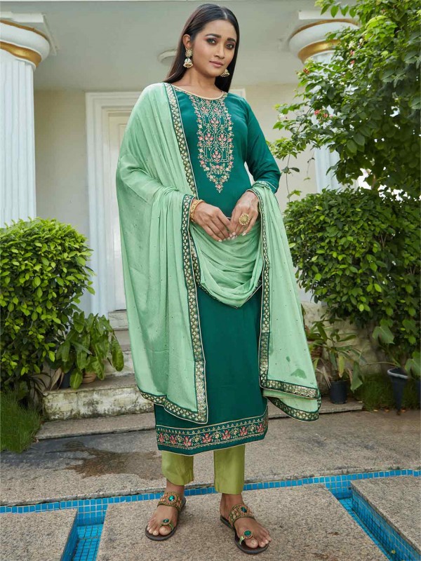Silk Fabric Salwar Suit Green Colour.