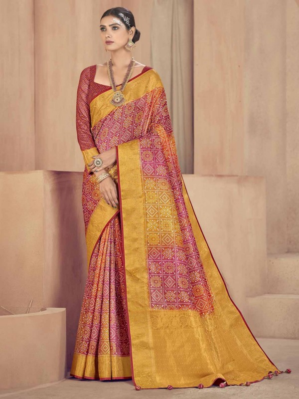 Yellow,Pink Colour Raw Silk Fabric Bandhani Saree.