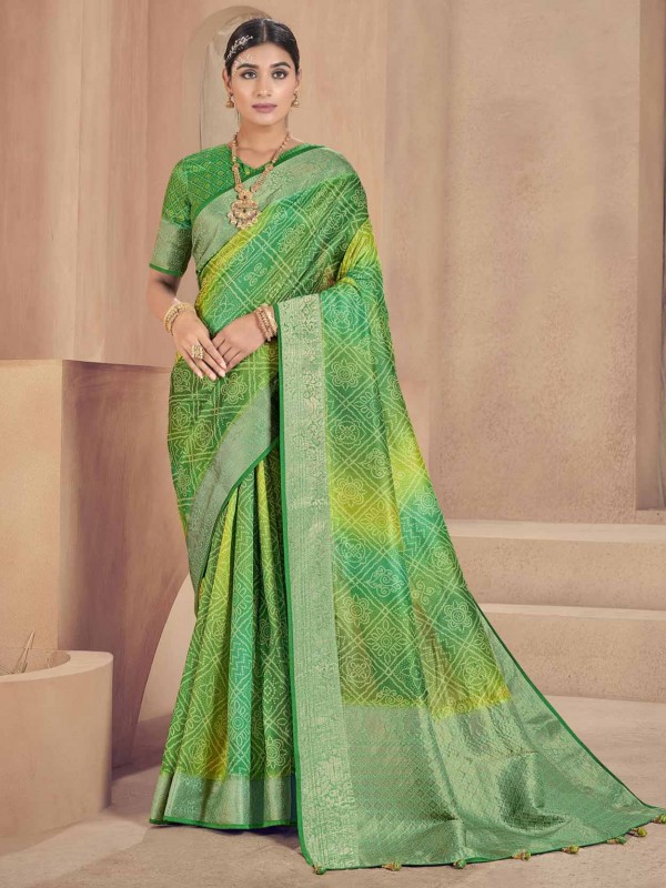 Raw Silk Fabric Bandhani Saree Green Colour.