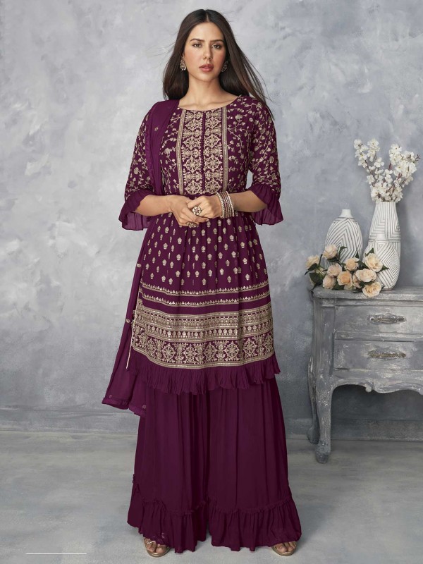 Georgette Fabric Party Wear Sharara Salwar Suit Wine Colour.