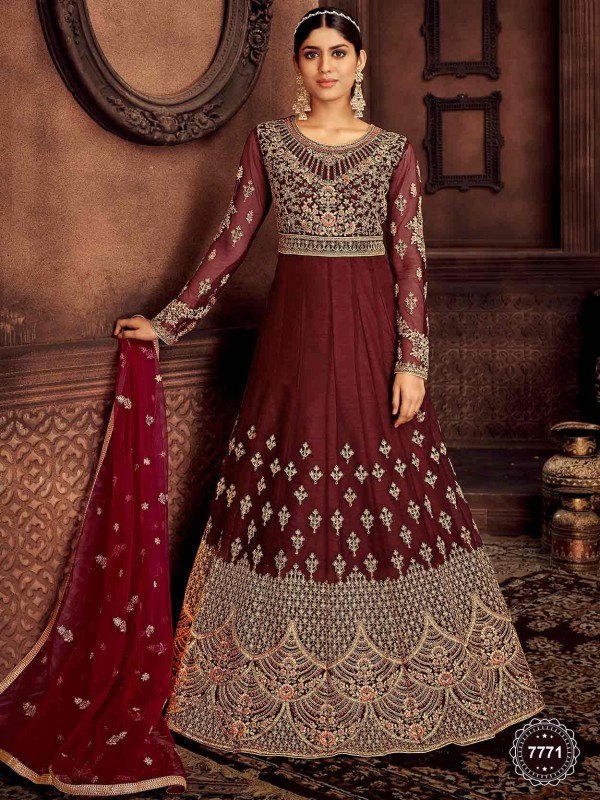 Maroon Colour Net Fabric Designer Salwar Suit.