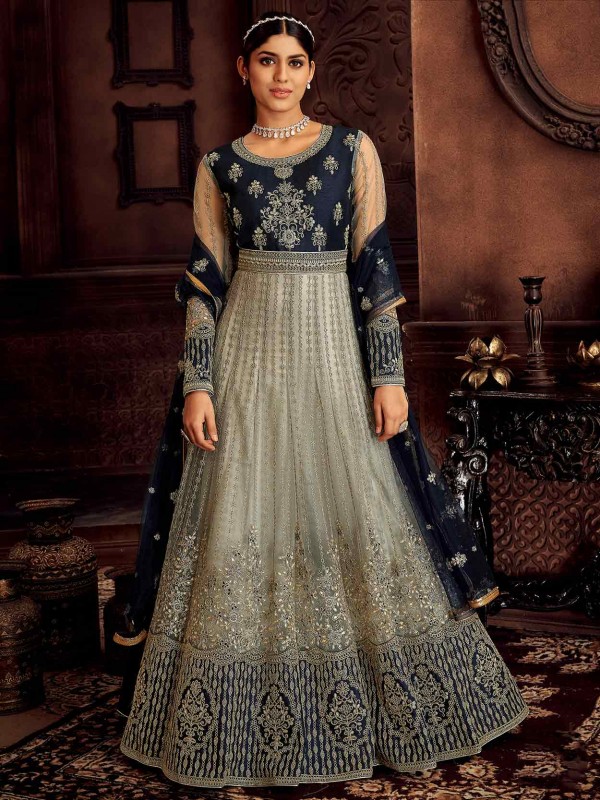 Grey,Blue Colour Net Fabric Designer Anarkali Salwar Kameez.