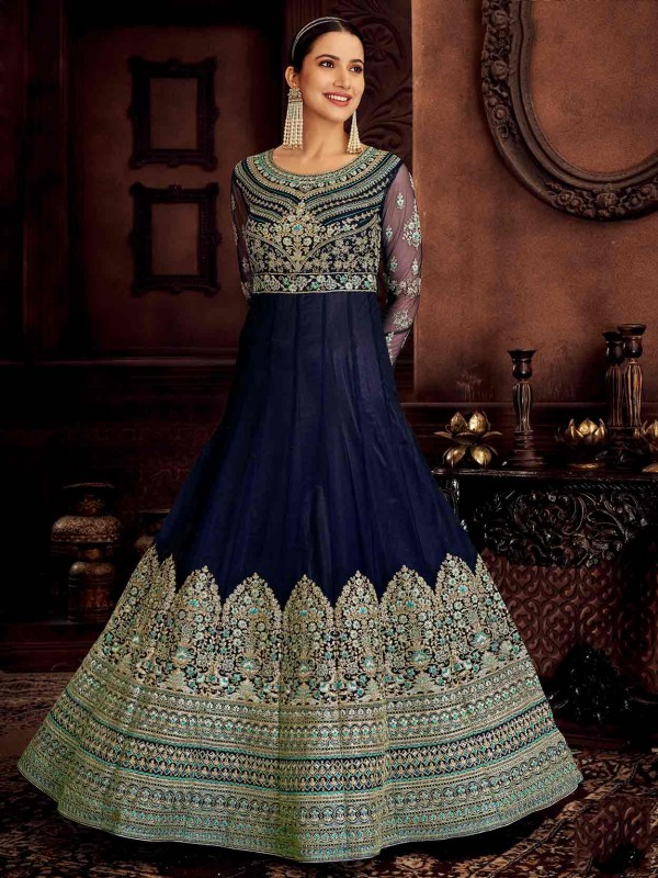 Beautiful Blue Colour Net Fabric Anarkali Salwar Kameez.