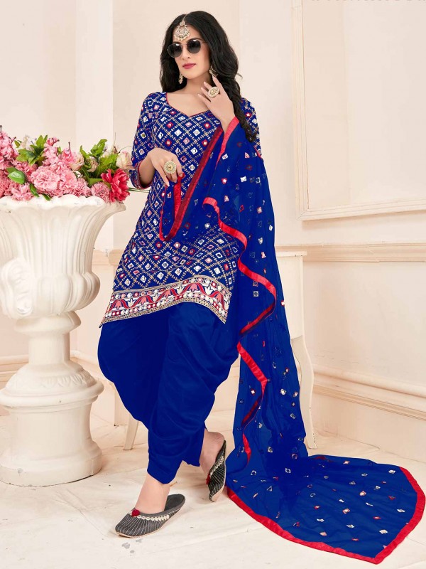 Blue Colour Cotton Fabric Patiala Salwar Suit.