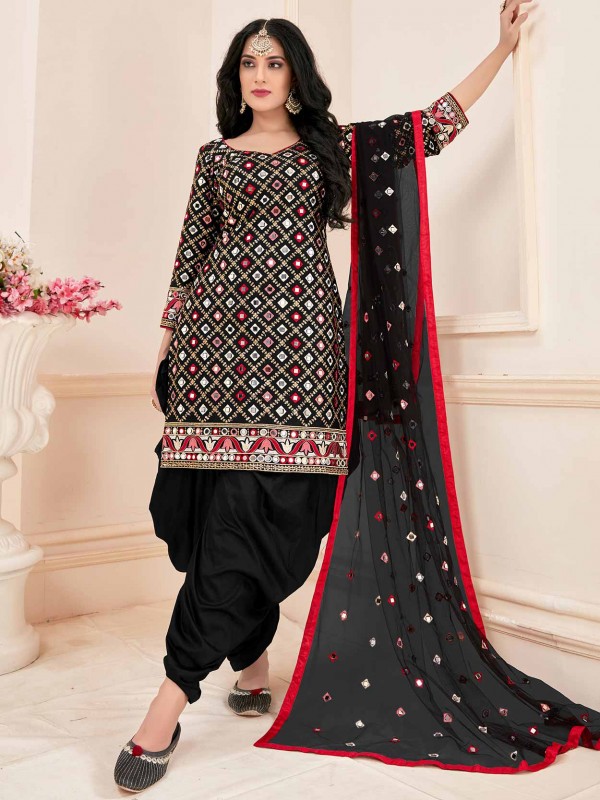 Black Colour Cotton Fabric Party Wear Patiala Salwar Suit.