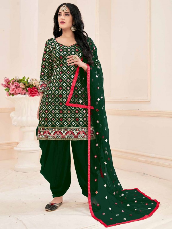 Cotton Fabric Patiala Salwar Kameez Green Colour.
