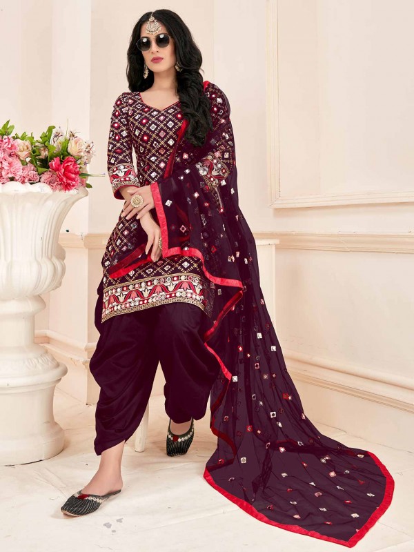 Wine Colour Designer Patiala Salwar Suit in Cotton Fabric.
