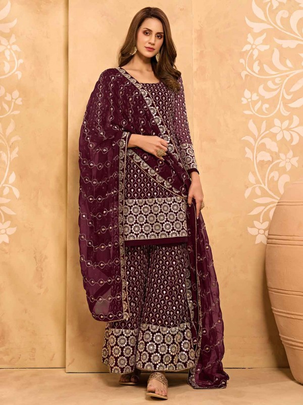 Wine Colour Georgette Fabric Designer Sharara Salwar Suit.