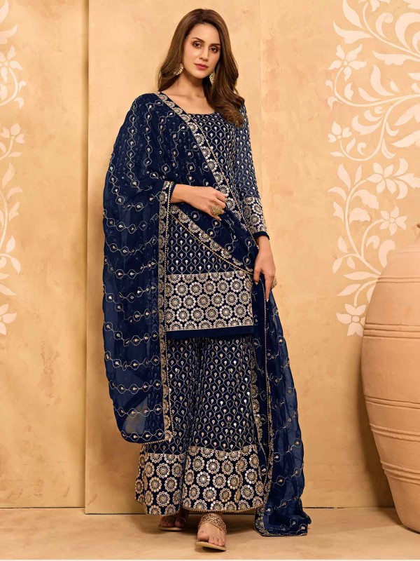 Navy Blue Colour Sharara Salwar Suit in Georgette Fabric.