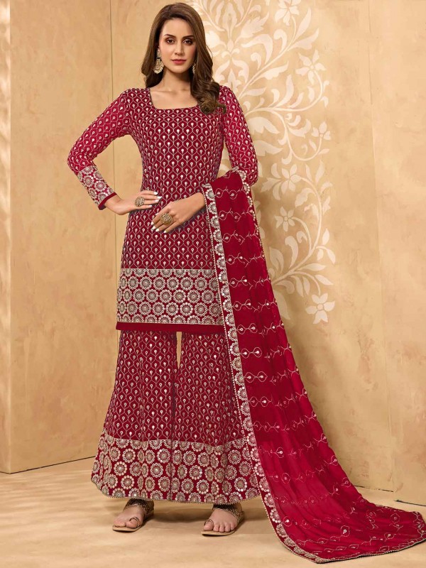 Georgette Fabric Designer Sharara Salwar Kameez Rani Pink Colour.