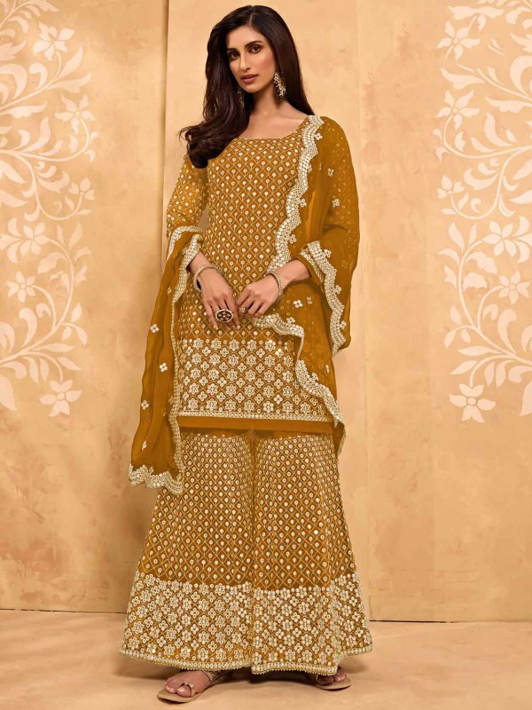 Yellow Colour Georgette Fabric Sharara Salwar Suit in Zari Work.
