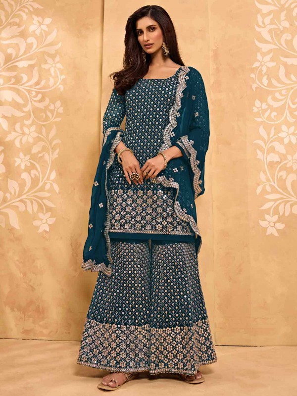 Blue Colour Georgette Fabric Sharara Salwar Suit.