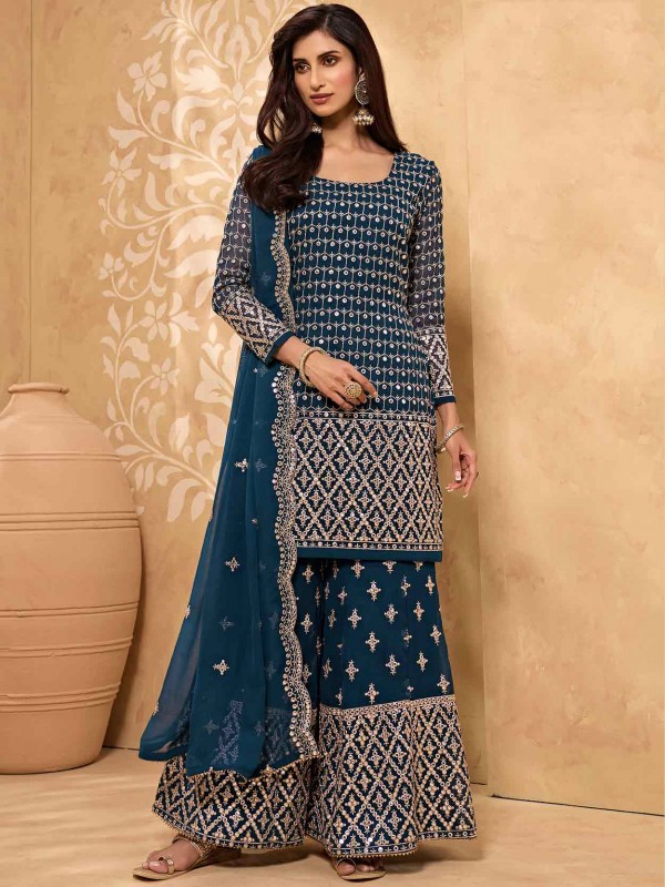 Blue Colour Designer Sharara Salwar Suit Georgette Fabric.