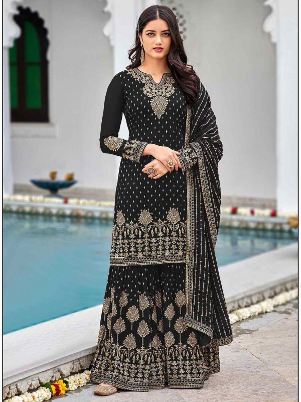 Black Colour Party Wear Sharara Salwar Suit in Georgette Fabric.