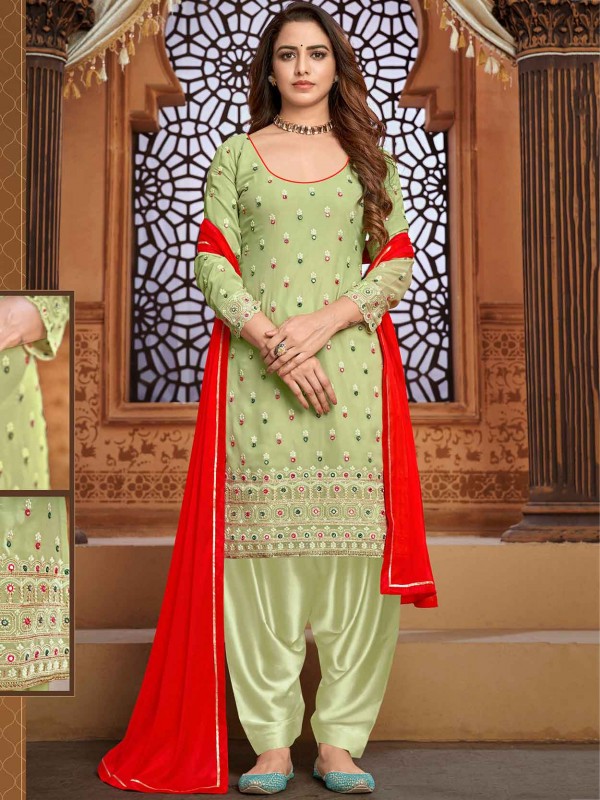 Pista Green Colour Patiala Salwar Kameez in Georgette Fabric.