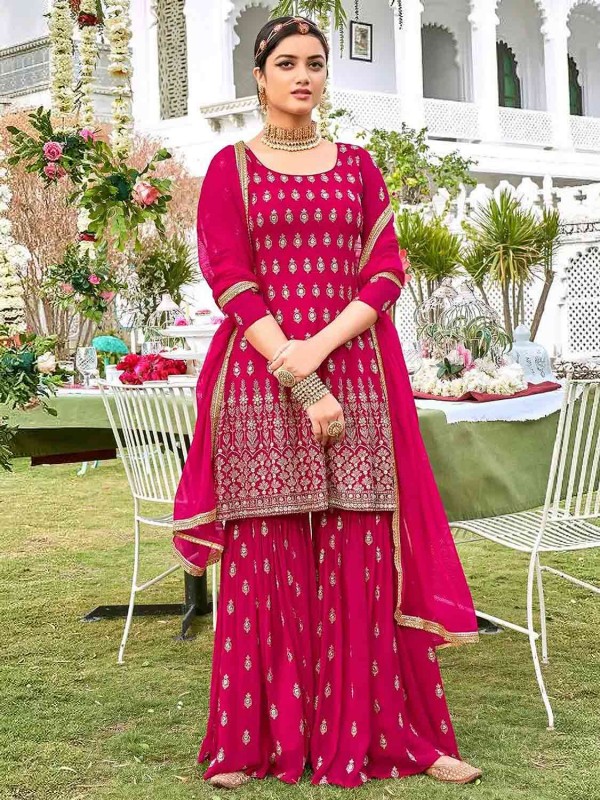 Designer Sharara Salwar Suit Red Colour Georgette Fabric.