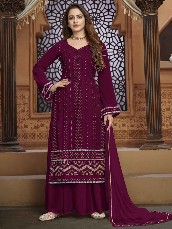 Designer Sharara Salwar Suit Maroon Colour Georgette Fabric.