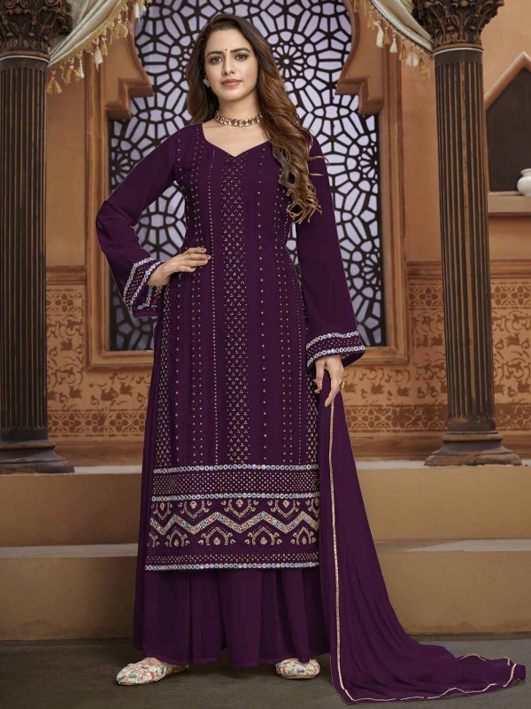 Purple Colour Georgette Fabric Sharara Salwar Kameez.