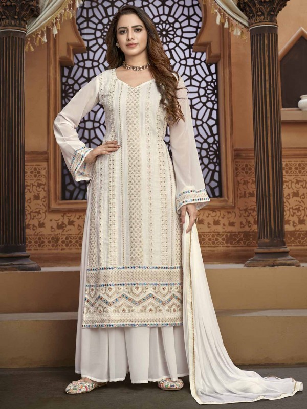 White Colour Georgette Fabric Designer Sharara Suit.