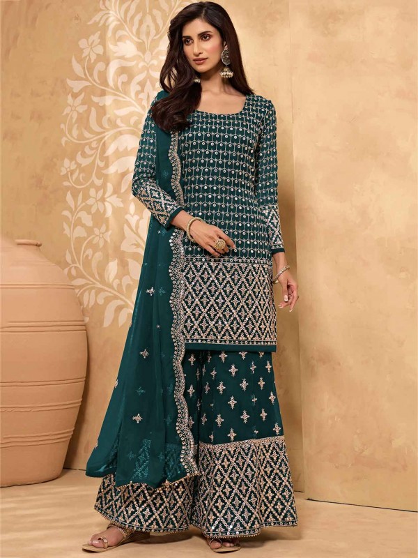 Rama Green Colour Georgette Fabric Sharara Salwar Suit.
