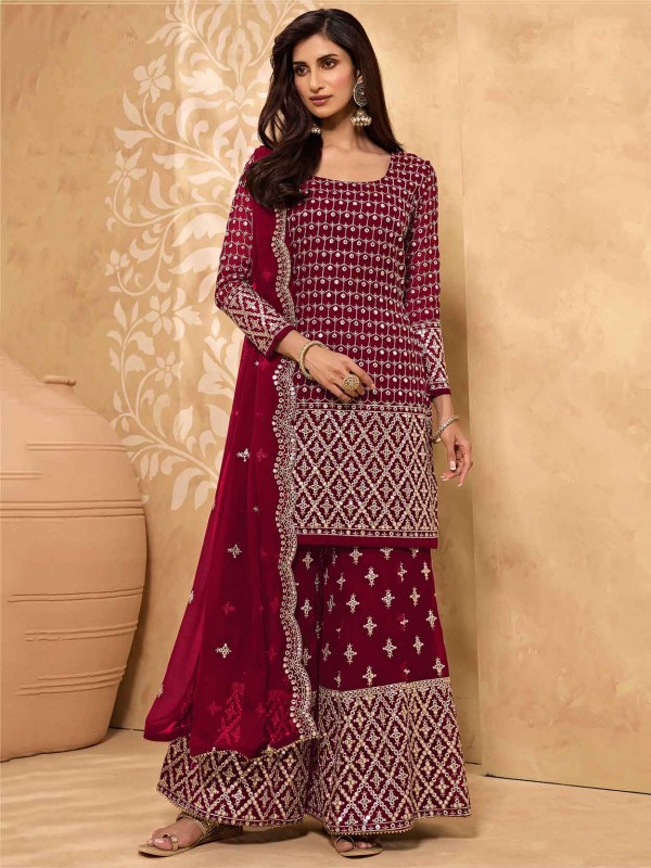 Maroon Colour Georgette Fabric Designer Sharara Salwar Suit.