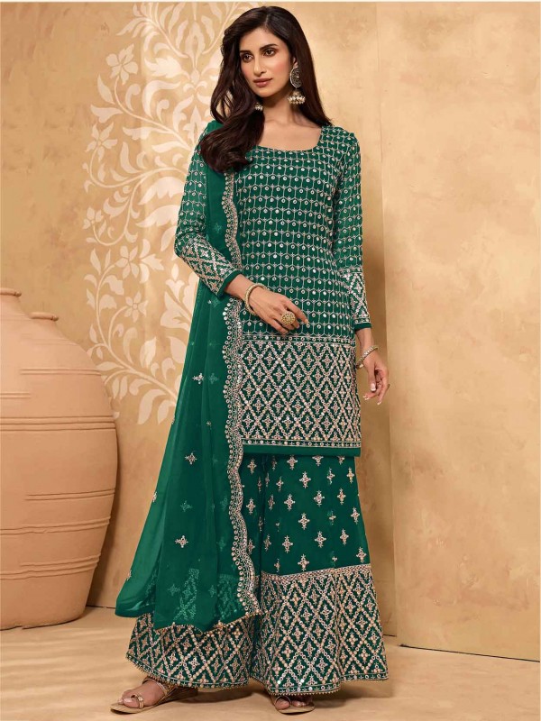 Georgette Fabric Sharara Salwar Suit Green Colour.