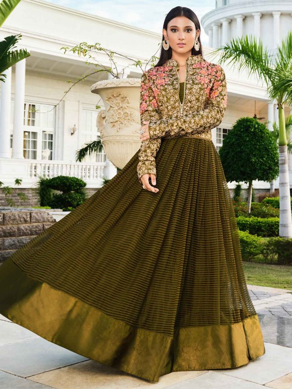 Olive Green Colour Silk Fabric Designer Salwar Suit.