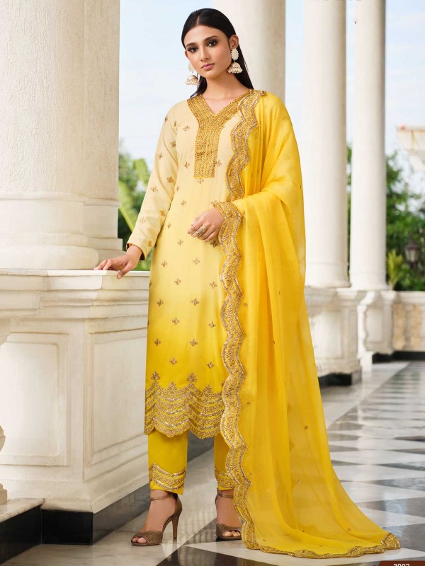 Yellow Colour Georgette Fabric Salwar Suit in Zari,Embroidery Work.