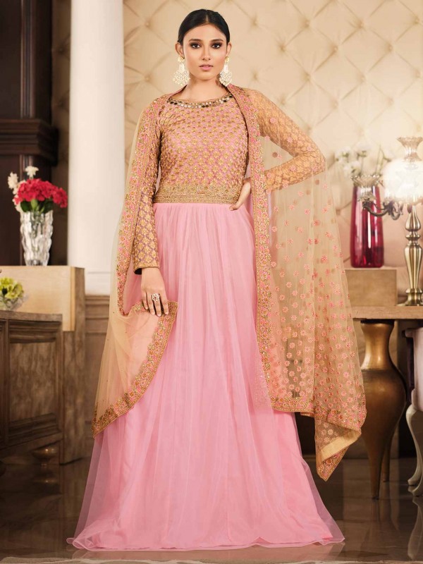 Peach Colour Net Anarkali Salwar Suit.