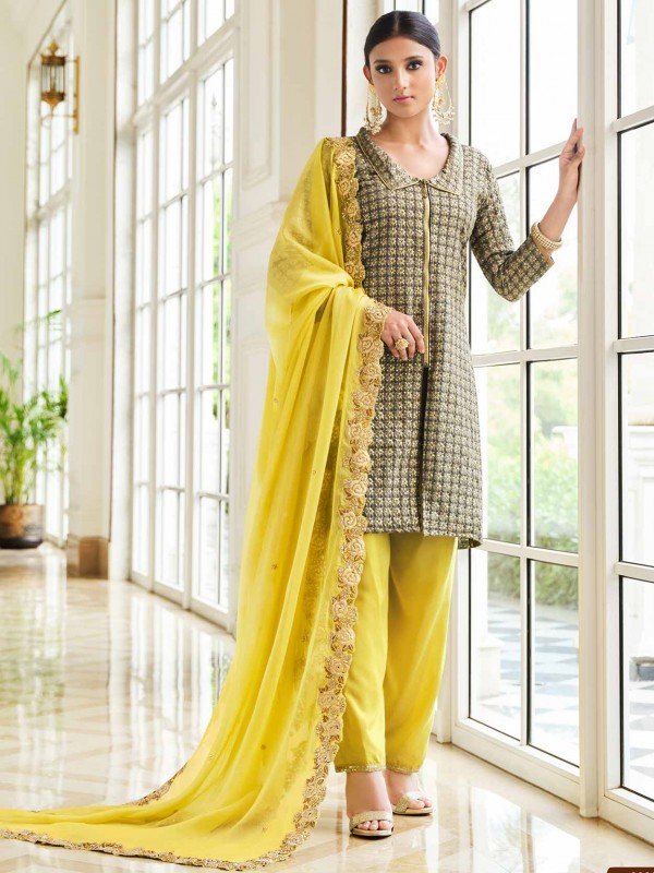 Grey Colour Georgette Fabric Salwar Suit in Self,Embroidery Work.