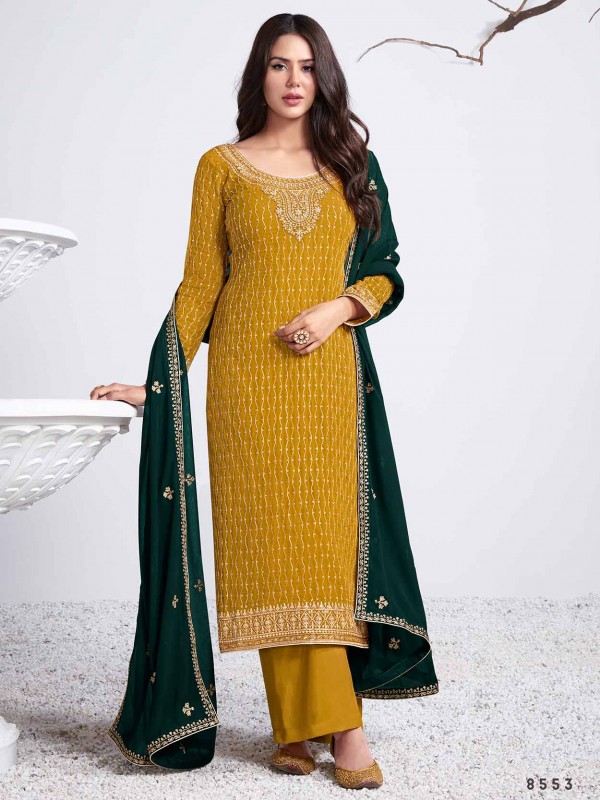 Mustard Yellow Colour Georgette Fabric Designer Salwar Suit.