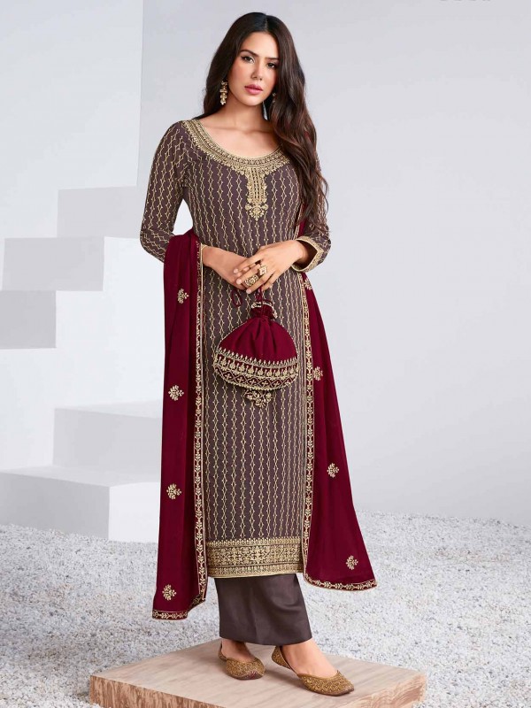 Brown Colour Georgette Fabric Palazzo Salwar Suit.