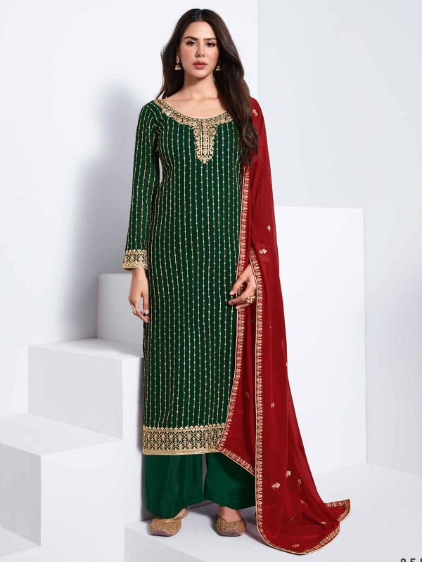 Georgette Fabric Designer palazzo Salwar Suit Green Colour.