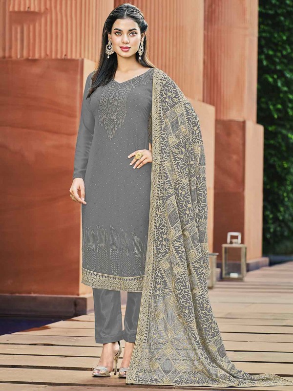 Grey Colour Georgette Fabric Salwar Kameez.