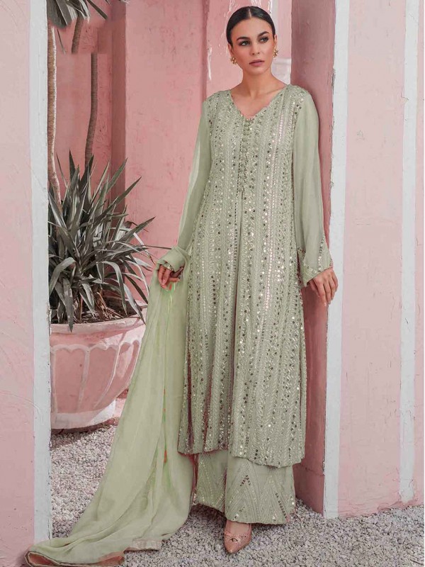 Pista Green Colour Designer Salwar Suit Georgette Fabric.